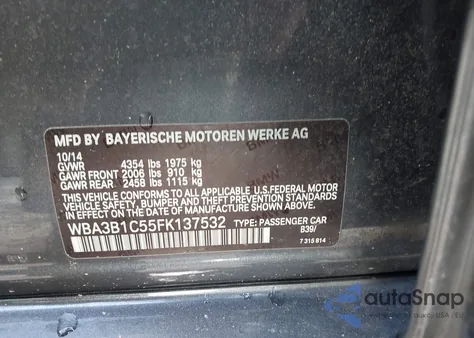 2015 BMW 320I z USA, uszkodzony, nr VIN WBA3B1C55FK137532